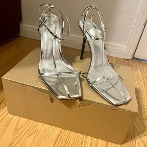 Silver leather strappy heels